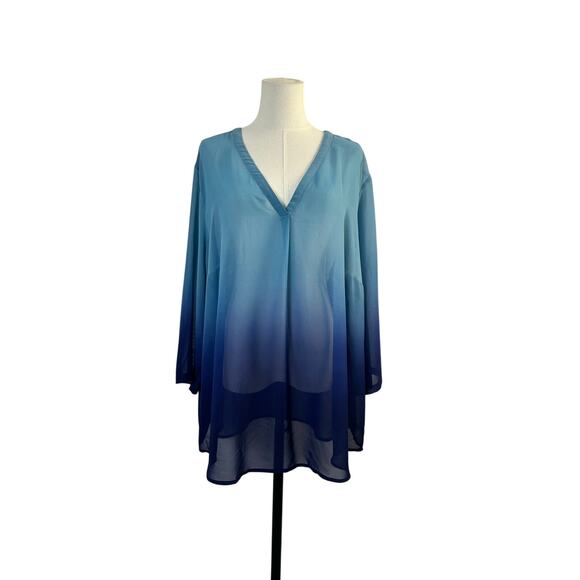 Liz Claiborne Blouse Blue Ombre size 3X  V Neck Buttons Sheer Top/cover up - Picture 1 of 11